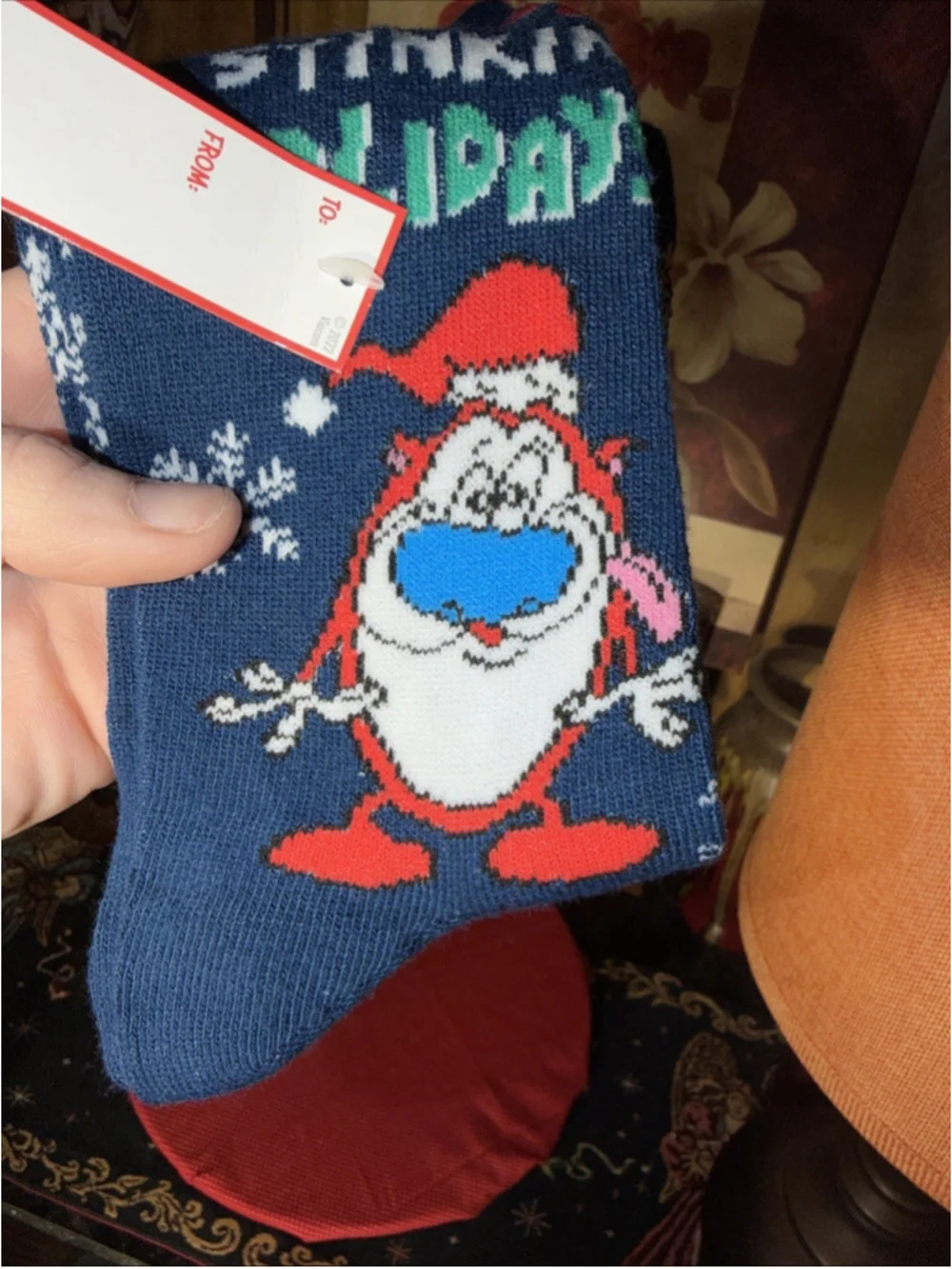'Happy Stinkin Holiday' Christmas Ren & Stimpy Nickelodeon Crew Socks - One Pair